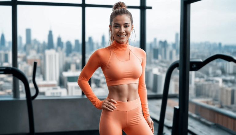 A model showcasing fitness-inspired activewear in a sleek and stylish design, emphasizing the importance of both comfort and confidence in achieving health and wellness goals.