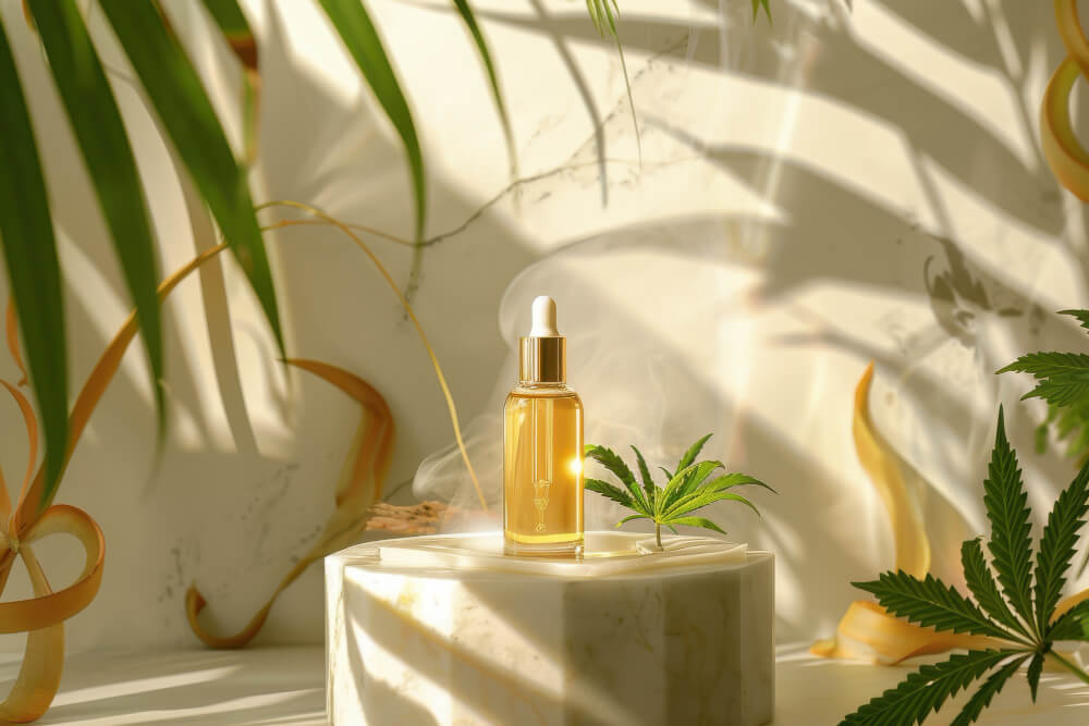 A clean, aesthetic flat-lay image of multiple beauty oils (argan, rosehip, jojoba, marula, tea tree) in glass droppers on a marble or neutral background, with leaves or natural elements around them.