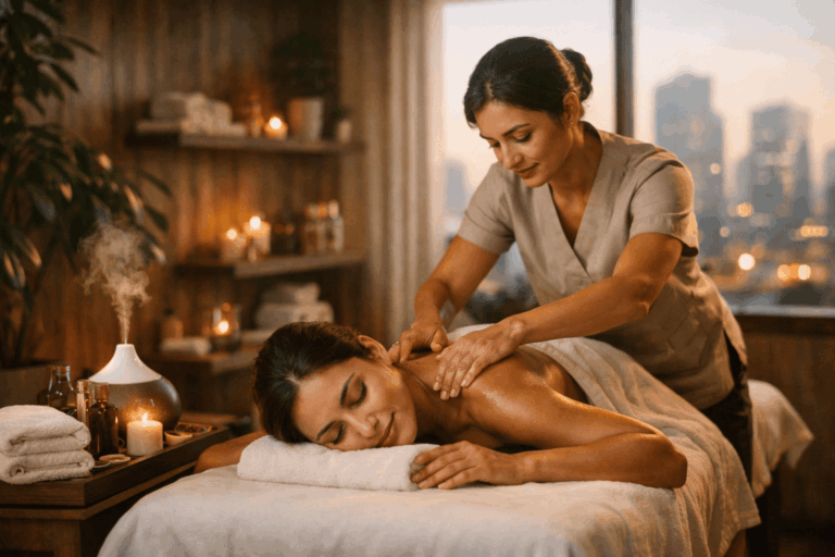 Verified Massage Therapists in Noida Sector 63 – Instant Booking spa therapy session with professional therapist in a modern wellness room.