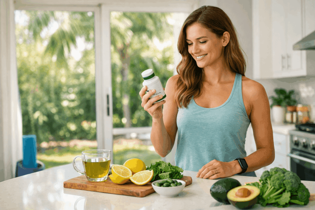 Woman choosing best natural metabolism support supplement in Florida kitchen scene