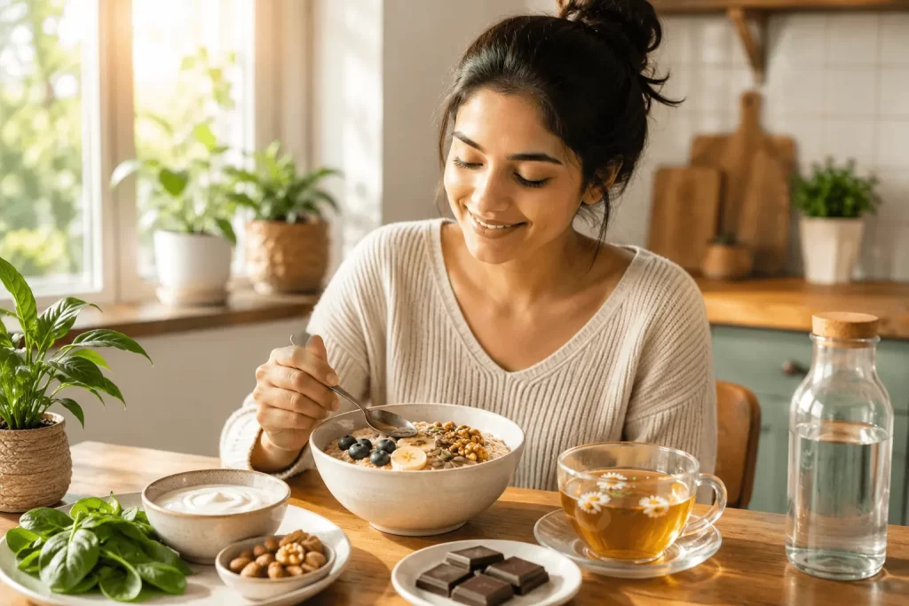 Young woman enjoying a healthy breakfast with oats, banana, walnuts, pumpkin seeds, chamomile tea, and dark chocolate, featuring foods that calm anxiety naturally.