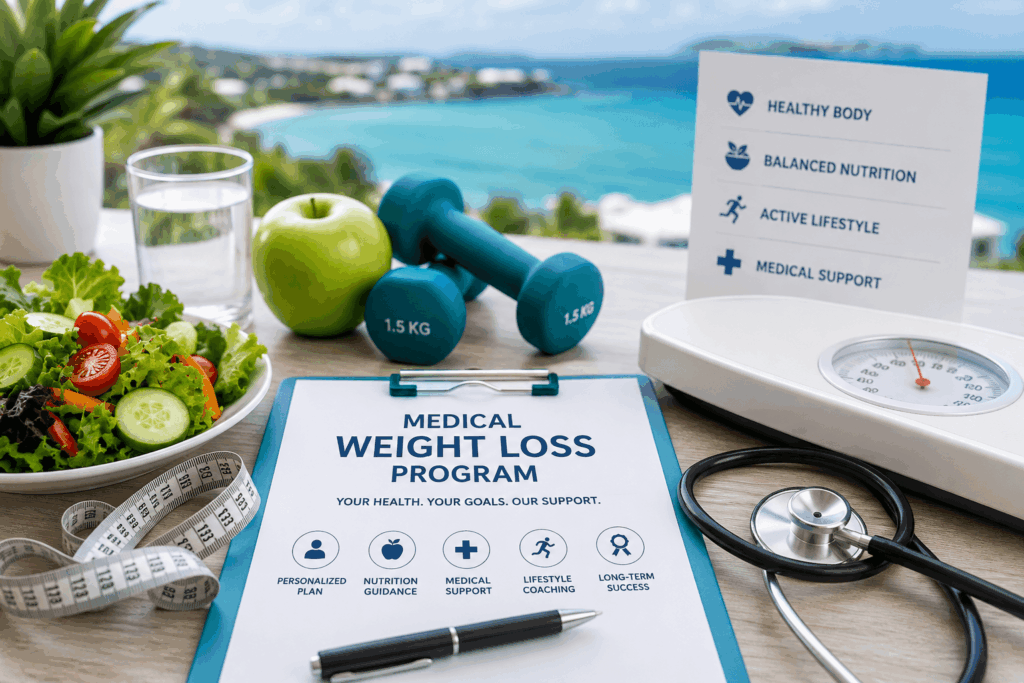 medical-weight-loss-program-with-healthy-foods-measuring-tape-dumbbells-weighing-scale-and-nutrition-plan-promoting-healthy-weight-management