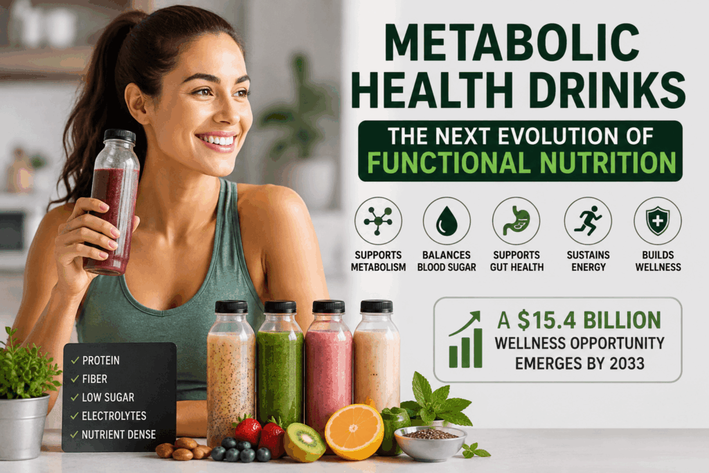 Woman holding a metabolic health drink with protein, fiber, low sugar, electrolytes and functional nutrition benefits