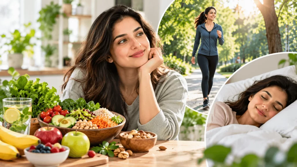 Healthy lifestyle with nutritious foods, a woman walking outdoors, and restful sleep.